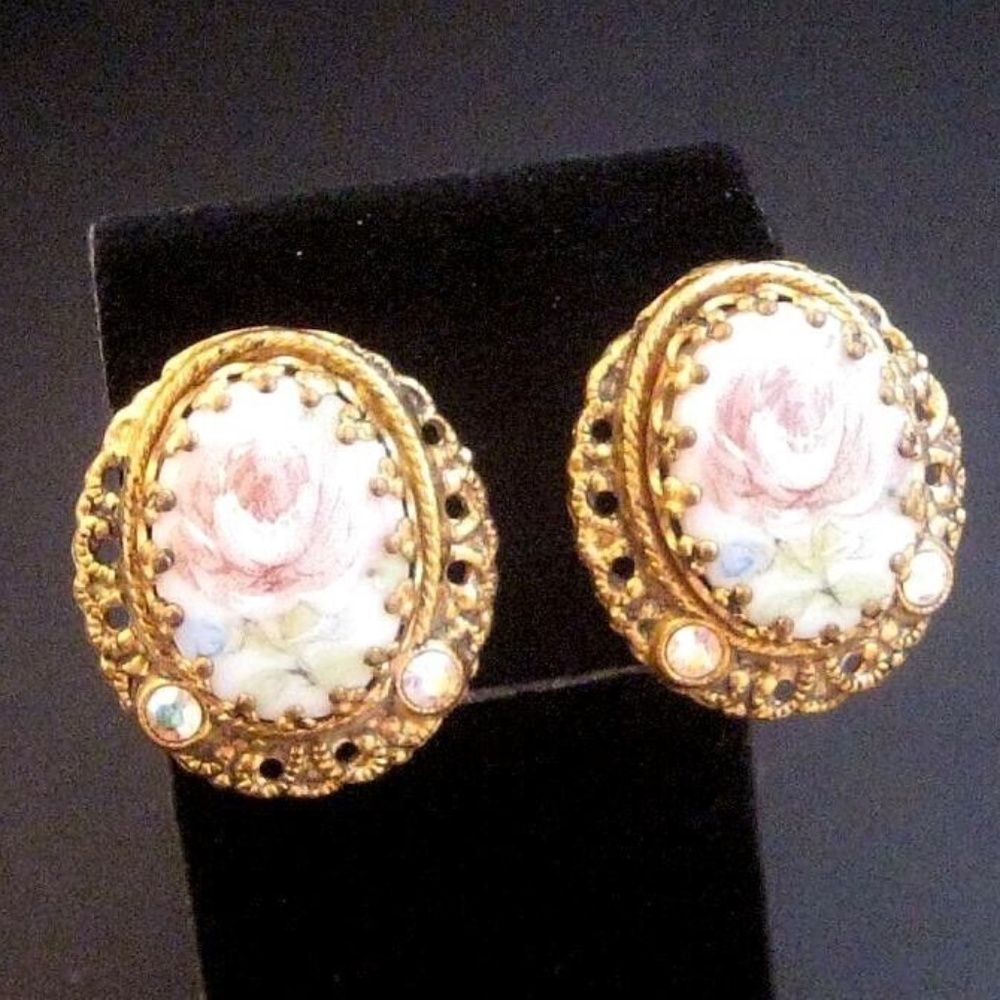 Vintage West Germany Earrings clips floral design hand painted & transfer